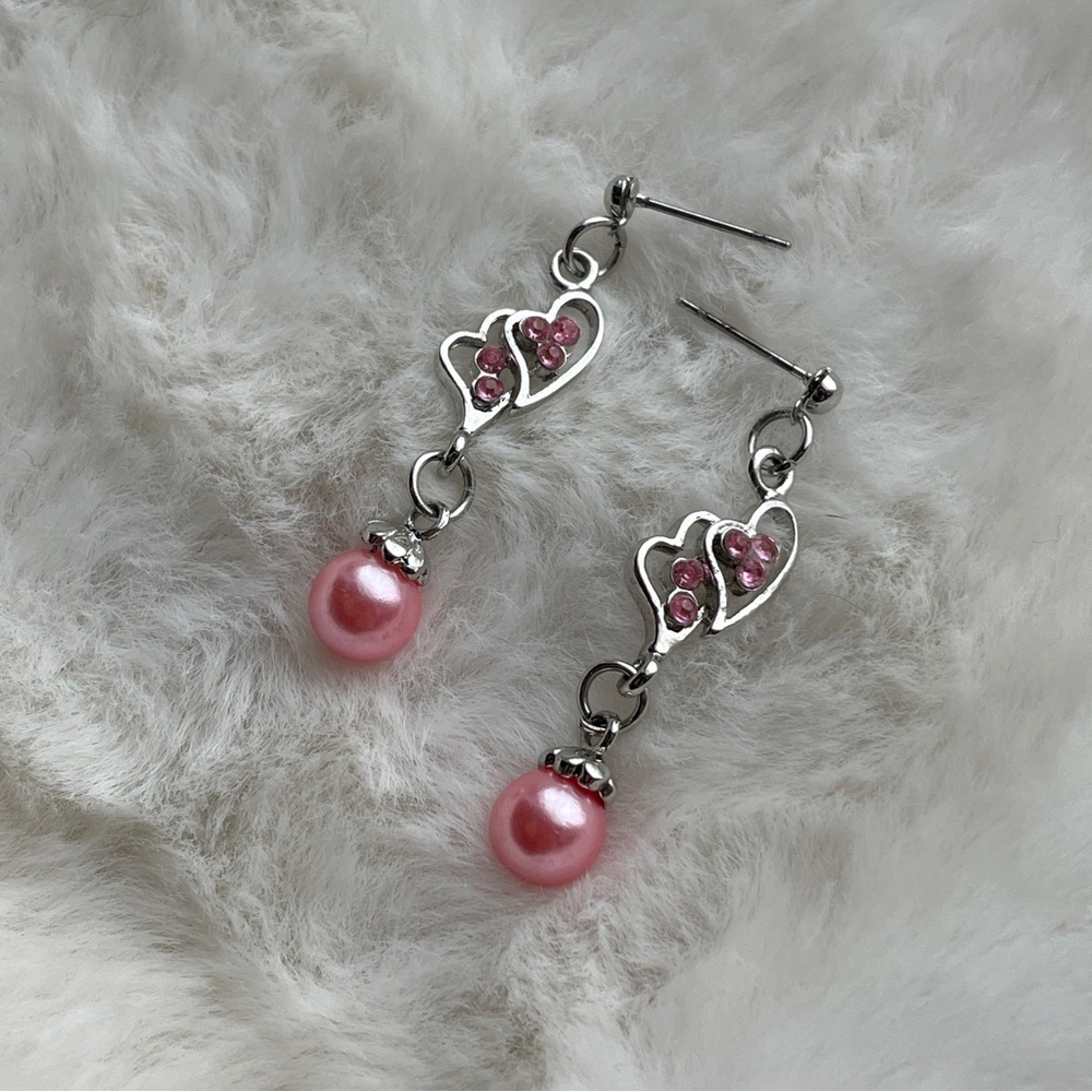 Elegant Pink Double Heart Drop Earrings